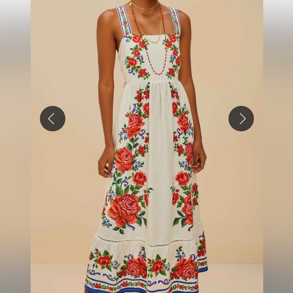 FARM Rio Cream Maxi Dress with Red Floral Embroidery